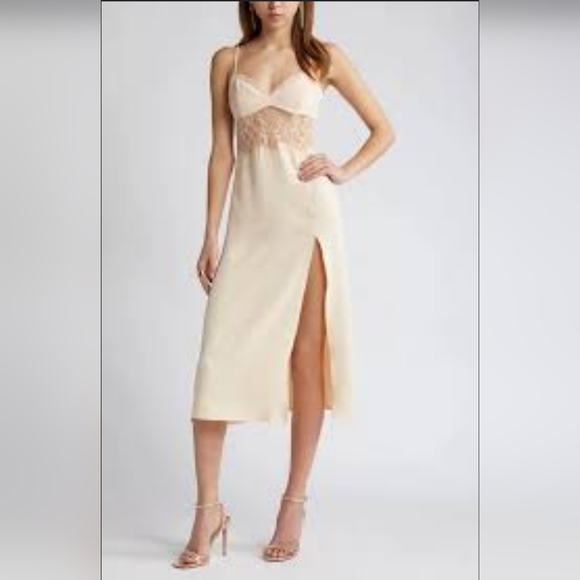 Open Edit Lace Cutout Midriff Midi Dress in Beige | Size L (NWT) - Picture 5 of 9